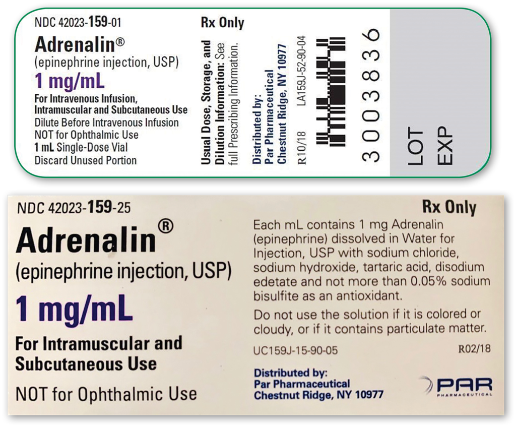 Figura 2: Información de fabricación de viales de un solo uso (que tienen sulfitos) de epinephrine (epinefrina). La primera imagen muestra la información disponible en el vial y la segunda, la información más detallada que aparece en la caja.