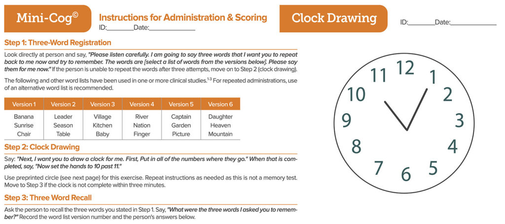 Figure 2: The Mini-Cog test. There are two Mini-Cog® components that include a score for accuracy of “clock drawing” and “three-word recall,” resulting in a cumulative score that can increase the detection of cognitive impairment. There are a total of five possible points for the test with three possible points for the three-word recall and two points for a normal clock. A total score of three or greater indicates a lower likelihood of cognitive impairment. Mini-Cog® copyright, Dr. Soo Borson (used with permission). See mini-cog.com for more detail.