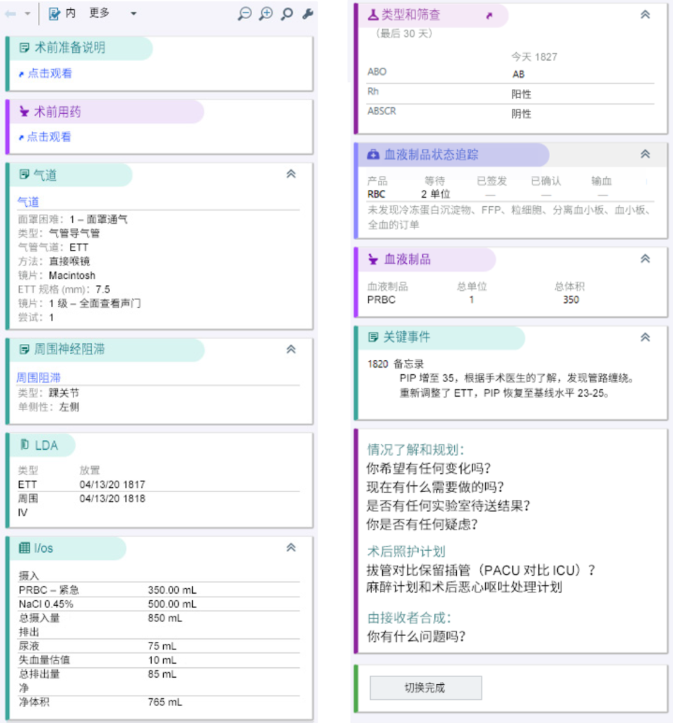图 2:Epic 术中记录中的现行版术中交接工具(经 ©2020 Epic Systems Corporation 公司许可后复印的)。在实际的 Epic 术中记录中,该侧条被显示为一个连续的垂直柱,可通过上下卷动来进行查看。