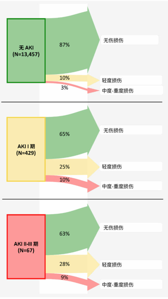 图 6:术后 1-2 年的肾脏结果 - 根据术后急性肾损伤分期。箭头宽度表示来自每个暴露组(有每种长期肾脏损害分期的)的患者百分比。<sup>37</sup>四分之一有 I 期术后肾脏损害(肌酐增高 ≥ 0.3 mg/dl ,或为基线水平的 1.5–1.9 倍)的患者在其后 1-2 年仍有轻度损伤,10% 的患者甚至有更高分期的损伤。因此,三分之一的 I 期肾损伤患者在术后 1-2 年发生了肾损伤。所以,与没有术后肾损害的患者相比,术后 I 期肾损害的患者发生长期肾损害的让步比 (95%CI) 为 2.3 (1.8, 2.9) 。因此,我们得出结论,在非心脏手术康复的成人中,即使术后血浆肌酐轻度升高(对应于 I 期肾损伤),也与术后 1-2 年肾功能恶化相关,所以应将其视为具有临床意义的围手术期结局。<br /> <br /> 经许可复制和修改。Turan A, Cohen B, Adegboye J, Makarova N, Liu L, Mascha EJ, Qiu Y, Irefin S, Wakefield BJ, Ruetzler K, Sessler DI.Mild acute kidney injury after noncardiac surgery is associated with long-term renal dysfunction: a retrospective cohort study.<em>Anesthesiology</em>.2020;132:1053–1061.
